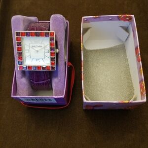 NIB Red by Waltham Wrist Watch Purple Faux Stones Alligator Band
